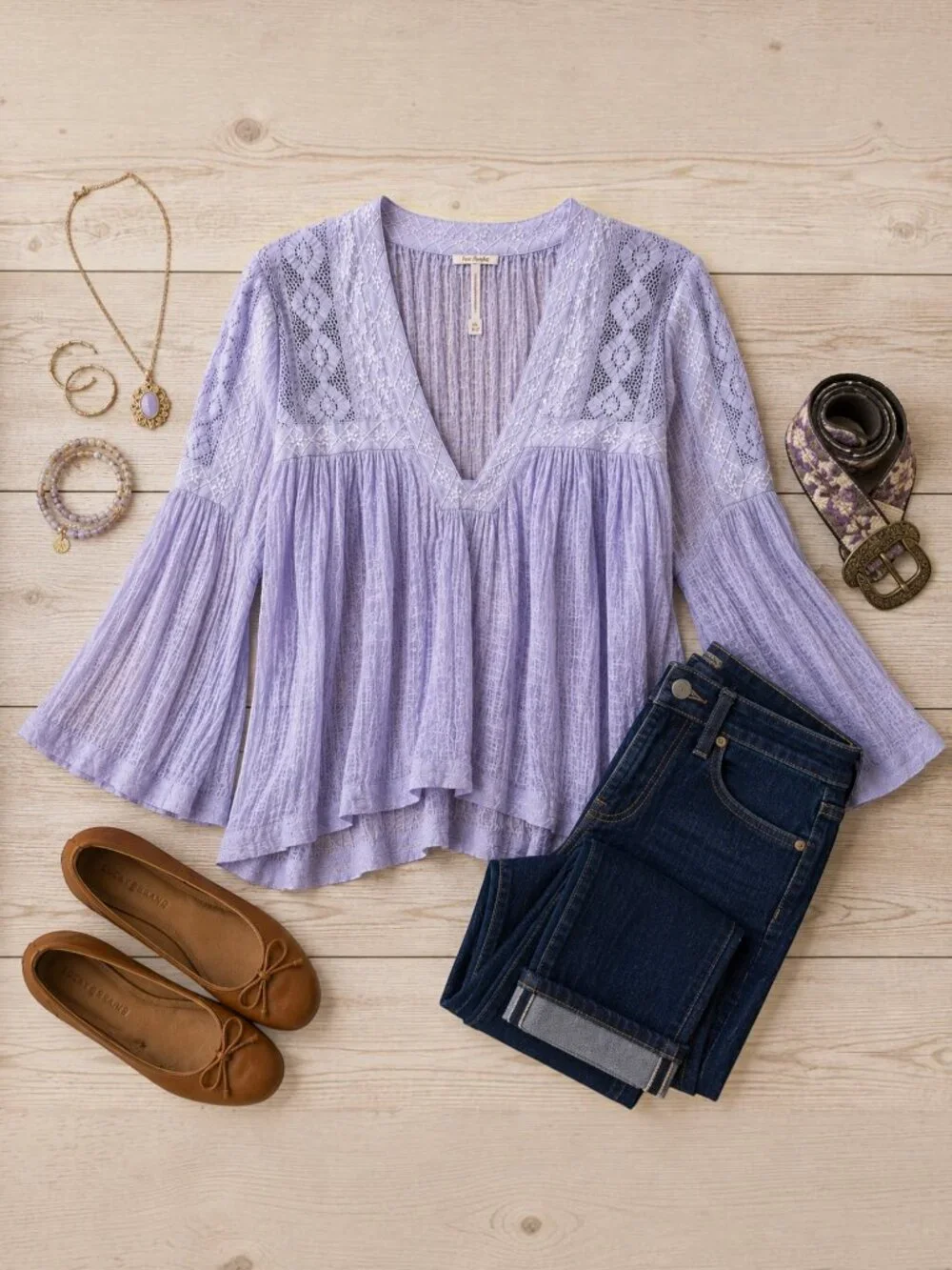 Free People Lavender Gauze Crochet Lace Boho Bell Sleeve Blouse Petite S/P